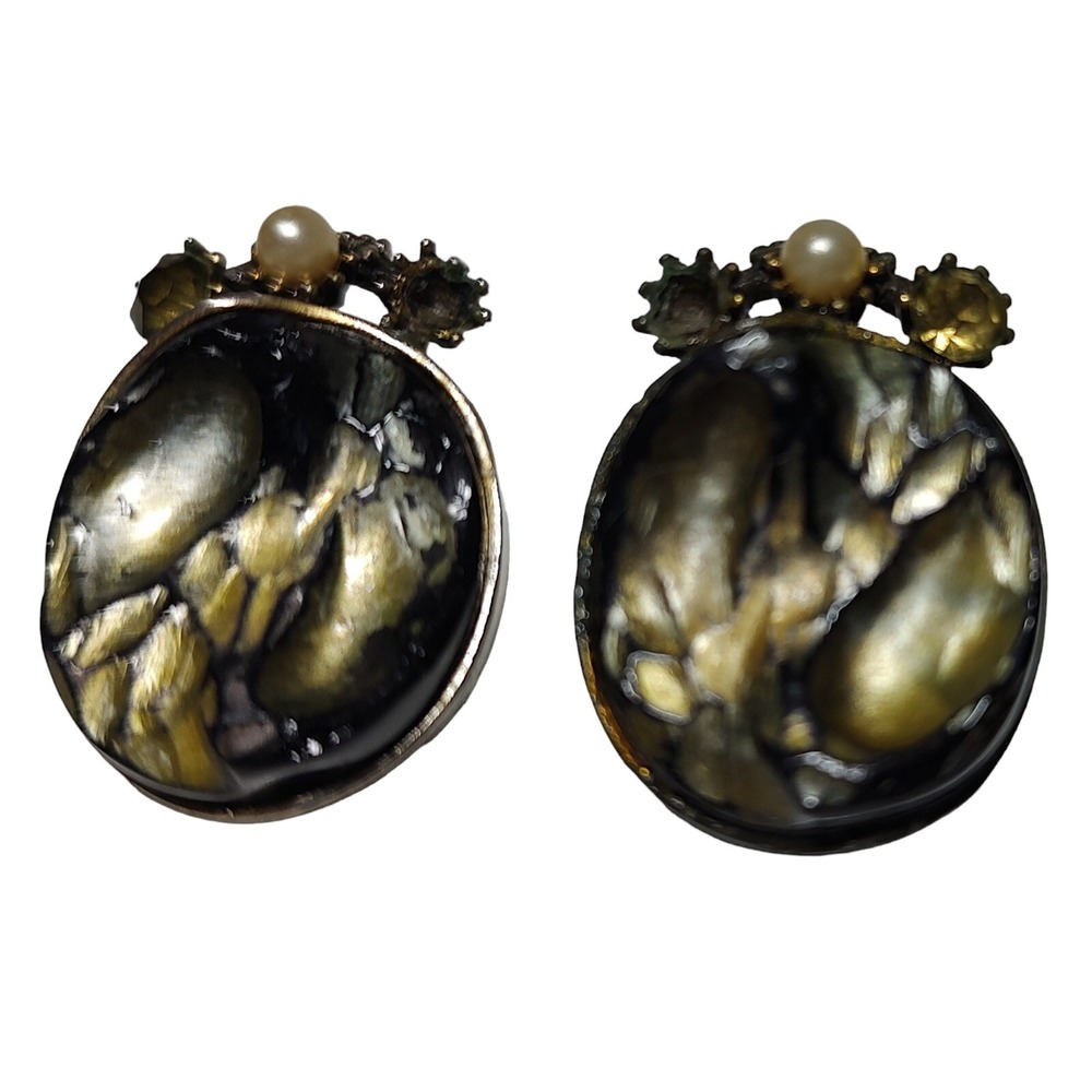 Vintage Hollycraft Clip On Earrings Signed Faux Diamond‎ and Faux Pearls USA SEE